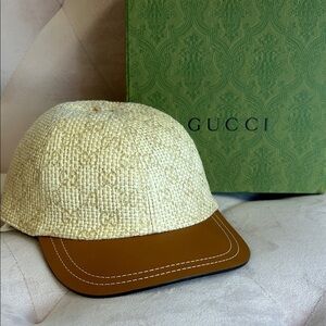 Gucci Raffia Straw Baseball Cap with Leather Brim